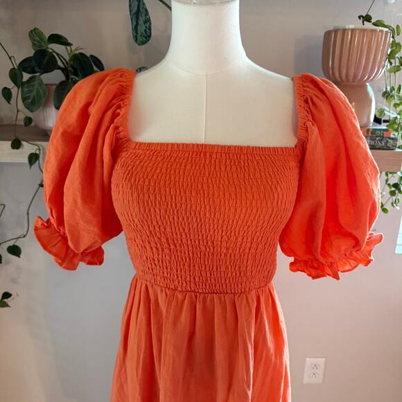 Seven Wonders Orange Puff Sleeve Smocked Cotton Milkmaid Midi Dress M Cottagecor - Picture 3 of 9